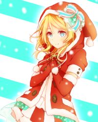 Rule 34 | 10s, 1girl, ayase eli, blonde hair, blue eyes, bow, elbow gloves, gloves, hands on own chest, hat, looking at viewer, love live!, love live! school idol festival, love live! school idol project, oda (101511a), red gloves, santa costume, santa hat, smile, solo, striped, striped background