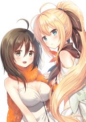 Rule 34 | 2girls, :d, ahoge, bare shoulders, blonde hair, blue eyes, blush, breasts, brown eyes, brown hair, brown ribbon, cleavage, commentary request, copyright request, dress, elf, hair between eyes, hair ribbon, hand up, highres, long hair, looking at viewer, looking to the side, medium breasts, multiple girls, nakamura hinato, open mouth, orange scarf, parted lips, pointy ears, ponytail, ribbon, scarf, simple background, smile, strapless, strapless dress, very long hair, white background, white dress