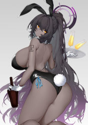 Rule 34 | 1girl, absurdres, alcohol, animal ears, ass, bare shoulders, bareback, black hair, black leotard, blue archive, bottle, breasts, champagne, chinese commentary, closed mouth, crossed bangs, dark-skinned female, dark skin, detached collar, fake animal ears, gloves, gradient background, hair between eyes, halo, high ponytail, highleg, highleg leotard, highres, holding, holding bottle, holding tray, huge breasts, karin (blue archive), karin (bunny) (blue archive), kneeling, leotard, long hair, looking back, multicolored hair, no bra, number tattoo, official alternate costume, playboy bunny, purple hair, rabbit tail, ribbon, shoulder tattoo, sideboob, simple background, slit pupils, solo, strapless, strapless leotard, streaked hair, tail, tattoo, thighs, tray, two-tone hair, very long hair, white gloves, wrist cuffs, yellow eyes, zeroblood