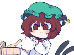 Rule 34 | 1girl, animal ear fluff, animal ear piercing, animal ears, blush, brown eyes, brown hair, cat ears, cat tail, chahan (fried rice0614), chen, commentary request, earrings, food, food on face, green hat, hat, holding, holding food, jewelry, long sleeves, mob cap, multiple tails, nekomata, onigiri, puffy long sleeves, puffy sleeves, single earring, slit pupils, solo, tail, touhou, two tails, upper body, v-shaped eyebrows