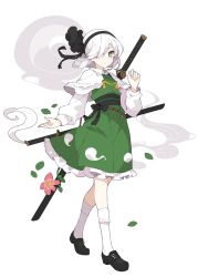 Rule 34 | 1girl, :/, black bow, black footwear, black hairband, black ribbon, blush, bow, bright pupils, capelet, closed mouth, collared shirt, commentary, dress, flower, frilled dress, frills, full body, green dress, green eyes, hair over one eye, hair ribbon, hairband, hand up, highres, hitodama print, ideolo, katana, kneehighs, konpaku youmu, leaf, loafers, long sleeves, looking at viewer, medium hair, no nose, pink flower, ribbon, shirt, shoes, simple background, sleeve cuffs, sleeveless, sleeveless dress, socks, solo, standing, sword, touhou, waist bow, wakizashi, weapon, weapon on back, white background, white capelet, white hair, white pupils, white shirt, white socks
