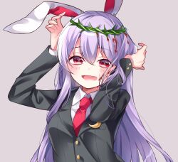 Rule 34 | 1girl, :d, blood, crown of thorns, grey background, happy, highres, long hair, meimei (meimei89008309), open mouth, purple hair, red eyes, reisen udongein inaba, simple background, smile, solo, thorns, touhou, very long hair