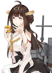 Rule 34 | 1girl, ahoge, bad id, bad pixiv id, black skirt, breasts, brown hair, cream, detached sleeves, double bun, finger to mouth, fingernails, food, frilled skirt, frills, hair bun, hairband, headgear, holding, holding food, japanese clothes, kantai collection, kongou (kancolle), long hair, neko (ganecooo), nontraditional miko, ribbon-trimmed sleeves, ribbon trim, rigging, scone, simple background, skirt, solo, white background, wide sleeves