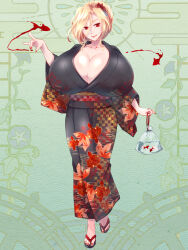 Rule 34 | 1girl, black kimono, blonde hair, braid, breasts, cleavage, collarbone, dairoku ryouhei, fish, flower, french braid, full body, gigantic breasts, goldfish, green background, hair flower, hair ornament, head tilt, huge breasts, japanese clothes, kimono, lipstick, looking at viewer, makeup, nail polish, official art, red eyes, sandals, shiny skin, smile, solo, standing, summer festival, tomoming, usalia sin, wide sleeves, yukata