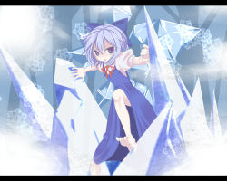 Rule 34 | 1girl, bad id, bad pixiv id, barefoot, blue eyes, blue hair, bow, cirno, hair bow, ice, letterboxed, looking at viewer, matching hair/eyes, md5 mismatch, ryu-tan, short hair, snowflakes, solo, embodiment of scarlet devil, touhou, wings