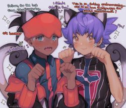 Rule 34 | 2boys, aged down, animal ears, black hair, blush, cat boy, cat ears, cat tail, champion uniform, character name, chariko, clenched hands, closed mouth, collared shirt, commentary request, creatures (company), dark-skinned male, dark skin, english text, game freak, grey background, hands up, headband, leon (pokemon), male focus, multiple boys, nintendo, open mouth, orange headband, pokemon, pokemon swsh, purple hair, raihan (pokemon), shield print, shirt, short hair, short sleeves, simple background, smile, sparkle, sweat, sword print, tail, teeth, tongue, undercut, yellow eyes