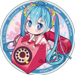 Rule 34 | 1girl, absurdly long hair, ahoge, antique phone, bad id, bad pixiv id, blue eyes, blue hair, chibi, corded phone, hatsune miku, long hair, lowres, matching hair/eyes, mio-muo1206, phone, rotary phone, skirt, smile, solo, twintails, very long hair, vocaloid