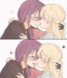 Rule 34 | 2girls, bang dream!, blonde hair, blush, commentary request, dated commentary, food in mouth, hair over shoulder, heart, multiple girls, parted lips, purple eyes, purple hair, red eyes, seri (vyrlw), seta kaoru, shirasagi chisato, squiggle, sweatdrop, yuri