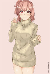 Rule 34 | 10s, 1girl, bad id, bad pixiv id, breasts, looking at viewer, naked sweater, pink background, pink hair, red eyes, salute, short hair, simple background, sleeves past wrists, smile, solo, standing, sweater, tasora, turtleneck, twitter username, yahari ore no seishun lovecome wa machigatteiru., yuigahama yui