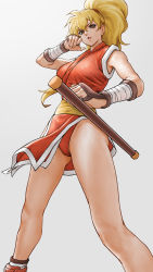 Rule 34 | 1girl, bandages, bare shoulders, blonde hair, breasts, brown eyes, capcom, commentary request, final fight, final fight 2, fingernails, genryuusai maki, gloves, grey background, hands up, highleg, highleg panties, highres, holding, holding weapon, japanese clothes, lips, long hair, looking at viewer, medium breasts, panties, pelvic curtain, ponytail, simple background, sleeveless, solo, street fighter, thighs, tonfa, underwear, weapon, x chitch