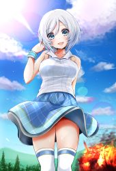 Rule 34 | .live, 1girl, absurdres, antenna hair, bare shoulders, blue eyes, blue skirt, breasts, clothes lift, cloud, collared shirt, day, ex idol, explosion, highres, lens flare, looking at viewer, medium breasts, open mouth, outdoors, shirt, short hair, silver hair, dennou shoujo siro, skirt, skirt lift, sky, sleeveless, sleeveless shirt, smile, solo, thighhighs, virtual youtuber, white thighhighs, wind, wind lift
