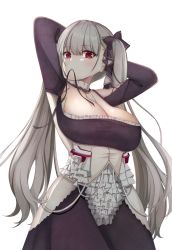 Rule 34 | 1girl, azur lane, bare shoulders, between breasts, black dress, blush, breasts, cleavage, dress, earrings, formidable (azur lane), frilled dress, frills, grey hair, hair ribbon, highres, jewelry, large breasts, long hair, long sleeves, looking at viewer, nurumaru yu, red eyes, ribbon, simple background, solo, twintails, two-tone dress, two-tone ribbon, very long hair, white background, white legwear