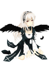 Rule 34 | 1girl, absurdres, breasts, dress, hairband, highres, long hair, red eyes, rozen maiden, solo, suigintou, white background, white hair, wings