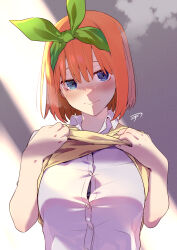 Rule 34 | 1girl, @ @, blue eyes, blush, breasts, closed mouth, collared shirt, commentary, embarrassed, eyebrows hidden by hair, eyelashes, frown, full-face blush, go-toubun no hanayome, green ribbon, hair between eyes, hair ribbon, hands up, head tilt, highres, kckcdkkn, large breasts, lifted by self, looking at viewer, medium hair, nakano yotsuba, orange hair, ribbon, school uniform, shirt, signature, simple background, solo, straight-on, straight hair, sweatdrop, sweater vest, upper body, vest lift, white shirt, yellow sweater vest