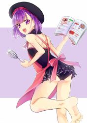 Rule 34 | 1girl, apron, ass, bad feet, bad id, bad pixiv id, bare shoulders, barefoot, blush, book, artistic error, fate/grand order, fate (series), hat, helena blavatsky (fate), looking at viewer, looking back, migihiko, open mouth, panties, pantyshot, purple eyes, purple hair, short hair, sketch, smile, solo, standing, standing on one leg, underwear, whisk, wrong foot
