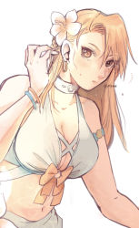 Rule 34 | 1girl, bikini, blonde hair, breasts, brown eyes, closed mouth, commentary request, earrings, expressionless, flower, folded ponytail, fullmetal alchemist, hair flower, hair ornament, jellymlk, jewelry, long hair, looking at viewer, medium breasts, navel, official alternate costume, riza hawkeye, solo, swimsuit