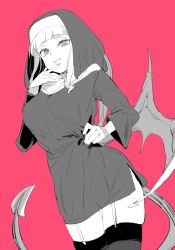 Rule 34 | 1girl, atage, copyright request, cowboy shot, demon girl, garter straps, habit, hand up, hood, hood up, long sleeves, looking at viewer, meme, nail polish, nun, pajamas challenge, pink background, simple background, skindentation, smile, solo, standing, tail, thighhighs, veil, wings