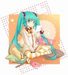 Rule 34 | bad id, bad pixiv id, blue eyes, blue hair, bow, crossed legs, envelope, hair bow, hatsune miku, indian style, letter, long hair, lowres, pillow, rocky (chendongjian), sitting, solo, striped clothes, striped thighhighs, thighhighs, twintails, very long hair, vocaloid