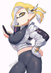 Rule 34 | 1girl, black leggings, black shirt, blonde hair, breasts, bubble tea challenge, closed mouth, commentary, cowboy shot, cropped jacket, cup, disposable cup, drinking straw, drinking straw in mouth, earrings, ed (jinko), fingerless gloves, gloves, hand on own hip, headphones, highres, holding, holding phone, inkling, inkling girl, inkling player character, jacket, jewelry, jinkoika, large breasts, leggings, looking at viewer, midriff, navel, nintendo, object on breast, partially unzipped, phone, pointy ears, ponytail, shirt, simple background, solo, splatoon (series), suction cups, symbol-only commentary, tentacle hair, twitter username, white background, white gloves, white jacket, yellow eyes