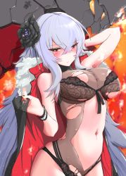 Rule 34 | 1girl, azur lane, bare shoulders, black flower, black one-piece swimsuit, black rose, blush, breasts, cape, closed mouth, crossed bangs, flower, fur-trimmed cape, fur trim, graf zeppelin (azur lane), graf zeppelin (beachside urd) (azur lane), large breasts, long hair, looking at viewer, navel, one-piece swimsuit, p.i.t.d, red eyes, rose, silver hair, swimsuit, very long hair