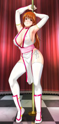 Rule 34 | 1girl, armpits, arms up, blush, breasts, brown eyes, brown hair, dead or alive, elbow gloves, feet, gloves, hairband, japanese clothes, kasumi (doa), large breasts, legs, long hair, looking at viewer, panties, pole dancing, sakuranbo, solo, standing, thighs, underwear, white legwear