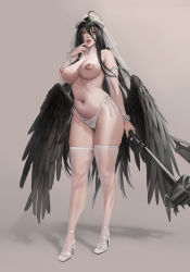 Rule 34 | 1girl, albedo (overlord), axe, black hair, black wings, breasts, bridal veil, detached sleeves, drooling, fangs, feathered wings, finger to mouth, full body, high heels, highres, jeneral, lace, lace-trimmed panties, lace trim, large breasts, lingerie, long hair, looking at viewer, low wings, naughty face, navel, overlord (maruyama), panties, saliva, saliva trail, side-tie panties, simple background, solo, standing, stomach, thighhighs, underwear, veil, very long hair, white footwear, white panties, wings, yellow eyes