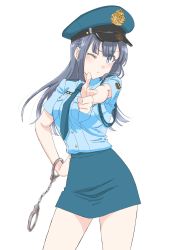 Rule 34 | 1girl, ;o, blue eyes, blue hair, blue shirt, blue skirt, blush, breasts, cuffs, feet out of frame, finger gun, hair between eyes, hand on own hip, handcuff dangle, handcuffs, hat, highres, holding, holding handcuffs, long hair, looking at viewer, makinohara shouko, medium breasts, necktie, one eye closed, pointing, pointing at viewer, police, police badge, police hat, police uniform, policewoman, seductive smile, seishun buta yarou, shirt, simple background, skirt, smile, solo, tamura satomi, thighs, uniform, white background