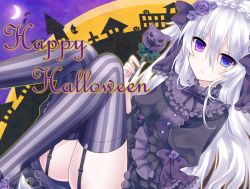 Rule 34 | 1girl, bad id, bad pixiv id, candy, food, frills, garter straps, gothic lolita, hairband, halloween, happy halloween, heterochromia, holding, lolita fashion, lolita hairband, lollipop, long hair, looking at viewer, no panties, original, silver hair, solo, striped clothes, striped thighhighs, text focus, thighhighs, tsukikage nemu, vertical-striped clothes, vertical-striped thighhighs