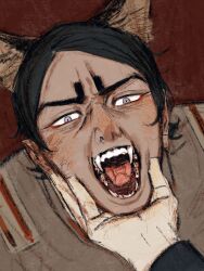 Rule 34 | 1boy, animal ears, brown background, brown jacket, chengongzi123, commentary, dark-skinned male, dark skin, disembodied limb, dog boy, dog ears, english commentary, fangs, golden kamuy, grabbing another&#039;s chin, grey eyes, hand on another&#039;s chin, highres, jacket, kemonomimi mode, koito otonoshin, looking at viewer, male focus, military uniform, open mouth, portrait, short hair, simple background, slit pupils, solo focus, uniform