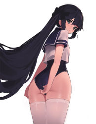 Rule 34 | 1girl, ass, black hair, black one-piece swimsuit, blue eyes, bow, breasts, closed mouth, cowboy shot, crop top, crop top overhang, from behind, genshin impact, hair bow, long hair, looking at viewer, looking back, mona (genshin impact), no headwear, one-piece swimsuit, ponytail, prpr friends, sailor collar, sailor shirt, shirt, short sleeves, simple background, small breasts, solo, swimsuit, thighhighs, thighs, very long hair, white background, white shirt, white thighhighs