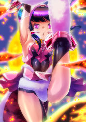 Rule 34 | 1000, 1girl, armpits, arms up, black hair, black thighhighs, blush, breasts, highres, leg up, open mouth, purple eyes, senki zesshou symphogear, shiny skin, small breasts, solo, teeth, thighhighs, tsukuyomi shirabe, upper teeth only
