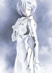 Rule 34 | 1girl, arm at side, ayanami rei, blue background, blue hair, bodysuit, bracer, breasts, closed mouth, cowboy shot, from side, frown, gloves, half-closed eyes, hand on own chest, headgear, interface headset, looking down, lowres, neon genesis evangelion, pale skin, parted bangs, pilot suit, plugsuit, raised eyebrows, red eyes, sad, short hair, simple background, skinny, small breasts, solo, standing, turtleneck