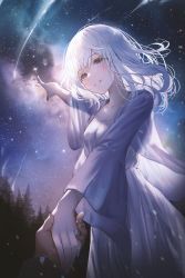 Rule 34 | 1boy, 1girl, absurdres, blue dress, blue eyes, collarbone, dress, evening gown, highres, holding hands, jewelry, long hair, looking at viewer, milky way, necklace, night, night sky, original, outdoors, parted lips, pointing, pointing up, pov, shooting star, sky, smile, star (sky), starry sky, tree, white hair, wide sleeves, zain (jiha3905)