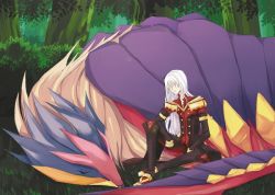 Rule 34 | 00s, 1boy, boots, coat, duke pantarei, elbow gloves, closed eyes, forest, frills, gloves, long hair, monster, nature, pants, sleeping, tales of (series), tales of vesperia, tree, white hair