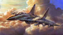 Rule 34 | 1boy, absurdres, aircraft, airplane, artist name, canopy (aircraft), cloud, commentary, contrail, dated, english commentary, fighter jet, flying, highres, jeffholy, jet, mig-29, military vehicle, missile, mixed-language commentary, original, sky, vehicle focus