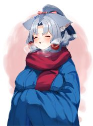 Rule 34 | 1girl, absurdres, animal ears, beads, blue coat, blush, breasts, breath, coat, commentary, closed eyes, grey hair, hair beads, hair ornament, hair tie, highres, large breasts, medium breasts, open mouth, own hands together, red scarf, scarf, solo, touhoku itako, voiceroid, yakata tata