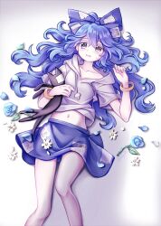 Rule 34 | 1girl, bangle, blue bow, blue eyes, blue flower, blue hair, blue skirt, blush, bow, bracelet, collarbone, crying, crying with eyes open, feet out of frame, flower, grey hoodie, hair between eyes, hair bow, hood, hoodie, jewelry, long hair, miy 001, navel, open mouth, short sleeves, skirt, solo, stuffed animal, stuffed cat, stuffed toy, tears, touhou, white flower, yorigami shion