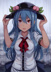 Rule 34 | 1girl, black hat, black skirt, blouse, blue hair, breasts, center frills, commentary request, food, frills, fruit, hair between eyes, hands on headwear, hands up, hat, hinanawi tenshi, leaf, long hair, looking at viewer, medium breasts, neck ribbon, opanchu (hakusen), open mouth, peach, puffy short sleeves, puffy sleeves, rain, red eyes, red ribbon, ribbon, shirt, short sleeves, sidelocks, skirt, solo, touhou, upper body, wet, wet clothes, wet shirt, white shirt, wing collar