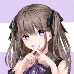 Rule 34 | 1girl, bad id, bad pixiv id, bare shoulders, brown hair, crossed fingers, frown, hair ribbon, highres, looking at viewer, nail polish, nimeter, original, purple eyes, ribbon, simple background, solo, two side up, x fingers