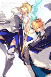 Rule 34 | 1girl, absurdres, ahoge, armor, armored boots, armored dress, artoria pendragon (all), artoria pendragon (fate), artoria pendragon (lancer) (fate), blonde hair, blue dress, blue ribbon, blue thighhighs, boots, braid, breastplate, breasts, cape, carimarica, crown, dress, excalibur (fate/stay night), fate/grand order, fate/stay night, fate (series), faulds, french braid, fur-trimmed cape, fur trim, gauntlets, green eyes, hair between eyes, hair bun, hair ribbon, highres, juliet sleeves, large breasts, long hair, long sleeves, looking at viewer, medium breasts, puffy sleeves, ribbon, saber (fate), sidelocks, sword, thighhighs, thighs, weapon