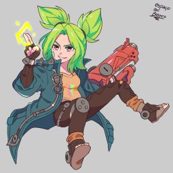 Rule 34 | 1girl, bandaid, bandaid on face, bare shoulders, blonde hair, electricity, fingerless gloves, gloves, green hair, highres, jacket, league of legends, open clothes, open jacket, smile, solo, yellow eyes, zeri (league of legends)