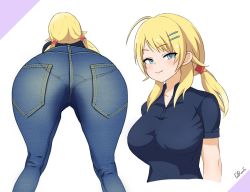 Rule 34 | 1girl, ahoge, ass, ass focus, bent over, blonde hair, blue eyes, blush, breasts, daroon5, denim, fang, hachimiya meguru, hair ornament, hairclip, idolmaster, idolmaster shiny colors, jeans, large breasts, looking at viewer, multiple views, pants, pantylines, short sleeves, smile, tight clothes, tight pants, twintails
