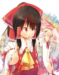 Rule 34 | 1girl, ascot, bare shoulders, black hair, bow, detached sleeves, hair bow, hair tubes, hakurei reimu, mouth hold, red eyes, solo, taker, taker (flamestorm), touhou