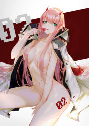 Rule 34 | 10s, 1girl, absurdres, aqua eyes, blunt bangs, blush, breasts, buttons, candy, coat, darling in the franxx, drooling, food, green eyes, hairband, highres, horns, lollipop, long hair, looking at viewer, makeup, medium breasts, navel, pink hair, solo, straight hair, tattoo, tongue, tongue out, white coat, white hairband, xing, zero two (darling in the franxx)