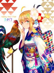 Rule 34 | 1girl, 2017, ahoge, animal, artoria pendragon (fate), bird, blonde hair, chick, chicken, chinese zodiac, fate/stay night, fate (series), flower, furisode, green eyes, hair flower, hair ornament, happy new year, japanese clothes, kimono, looking at viewer, nengajou, new year, revision, rooster, saber (fate), weed (astarone), year of the rooster