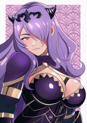 Rule 34 | 1girl, absurdres, armor, breasts, camilla (fire emblem), cleavage cutout, clothing cutout, fire emblem, fire emblem fates, hair between eyes, hair over one eye, highres, horn ornament, horns, ihsnet, kuji-in, large breasts, long hair, looking at viewer, nintendo, parted bangs, purple hair, red eyes, sidelocks, smile, solo, tiara, upper body