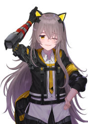 Rule 34 | 1girl, absurdres, animal ear headphones, animal ears, axent wear, ayul (ayulneri 92), bag, black gloves, black jacket, black skirt, brown eyes, buttons, cat ear headphones, collared shirt, fake animal ears, girls&#039; frontline, gloves, grey hair, hair between eyes, hand on own hip, hand up, headphones, highres, hood, hood down, hooded jacket, jacket, long hair, looking at viewer, mechanical arms, mod3 (girls&#039; frontline), one eye closed, parted lips, pleated skirt, red ribbon, ribbon, scar, scar across eye, scar on face, shirt, simple background, single glove, single mechanical arm, skirt, smile, solo, ump45 (girls&#039; frontline), ump45 (mod3) (girls&#039; frontline), upper body, very long hair, white background, white shirt