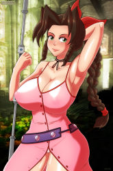 Rule 34 | 1girl, aerith gainsborough, armpits, bare shoulders, belt, blush, braid, breasts, brown hair, choker, church, cleavage, collarbone, covered erect nipples, dress, final fantasy, final fantasy vii, flower bed, green eyes, hair ornament, hair ribbon, harekame, highres, large breasts, lips, panties, pantyshot, pink dress, pink panties, pole, ponytail, purple belt, ribbon, shiny clothes, shiny skin, smile, square enix, square soft, staff, tagme, thick thighs, thighs, underwear, weapon