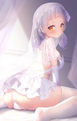 Rule 34 | 1girl, alternate costume, blush, breasts, bridal lingerie, bridal veil, elbow gloves, frills, gloves, grey hair, highres, hololive, lingerie, looking at viewer, looking back, low twintails, medium hair, murasaki shion, no bra, orange eyes, panties, partially visible vulva, pout, saki (saki paint), see-through, sitting, small breasts, solo, thighhighs, twintails, underwear, veil, virtual youtuber, wariza, white gloves, white panties, white thighhighs