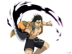 Rule 34 | 1boy, abs, black bulls (emblem), black clover, black clover m: rise of the wizard king, black hair, black shorts, collared shirt, facial hair, holding, holding sword, holding weapon, jewelry, katana, leaf print, looking at viewer, male focus, muscular, muscular male, navel, necklace, official alternate costume, official art, open clothes, open mouth, open shirt, orange shirt, print shirt, shirt, short hair, short sleeves, shorts, simple background, solo, stubble, sword, transparent background, weapon, yami sukehiro